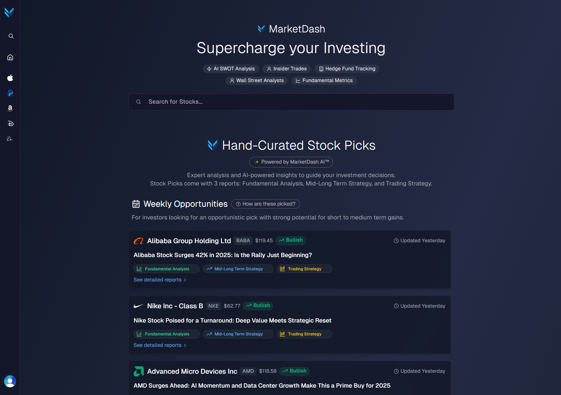 MarketDash dashboard interface showing stock analysis and insights